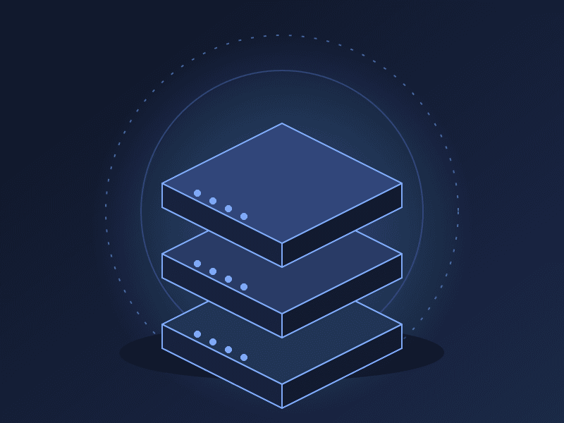 Isometric illustration of three stacked rack servers with glowing indicator lights